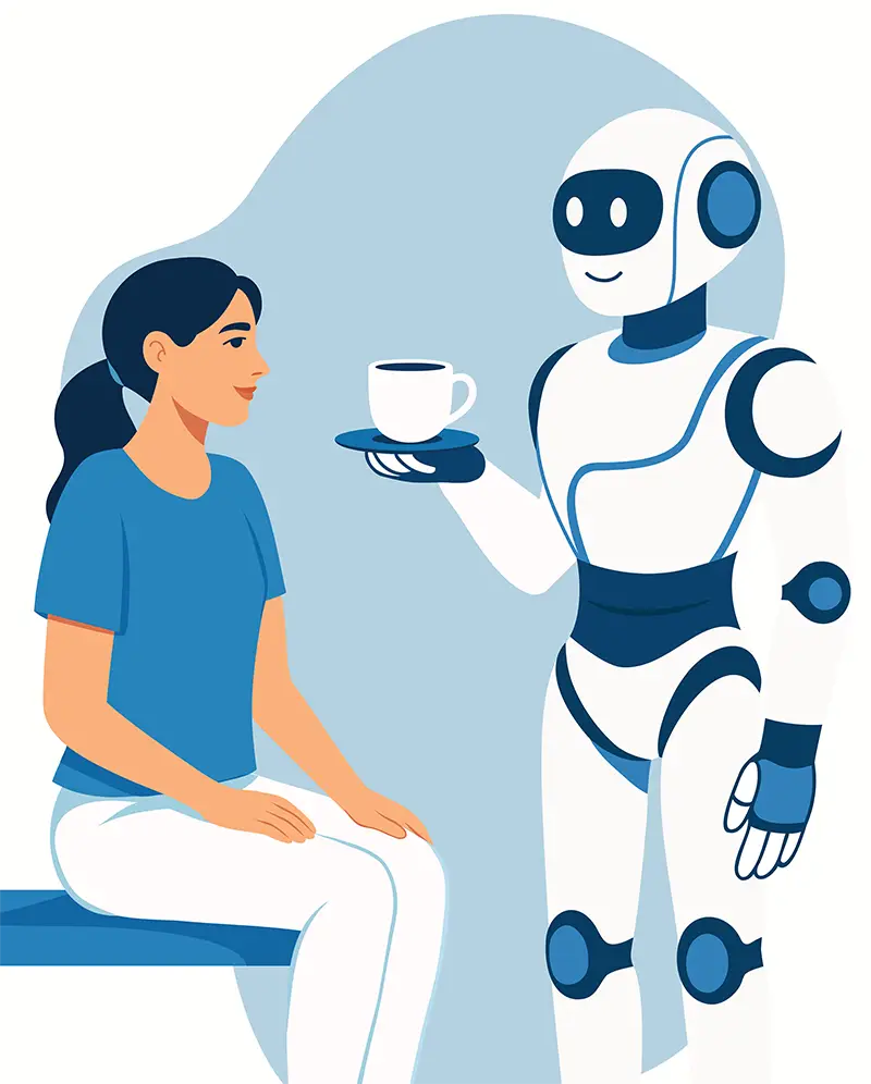 An illustration of an AI robot service a person coffee